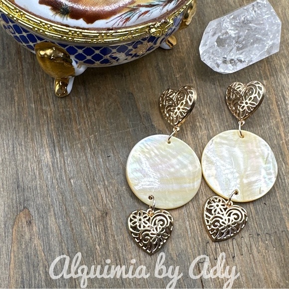 LuxuryMother of Pearl discs oversized extra long dangle earrings hearts boho